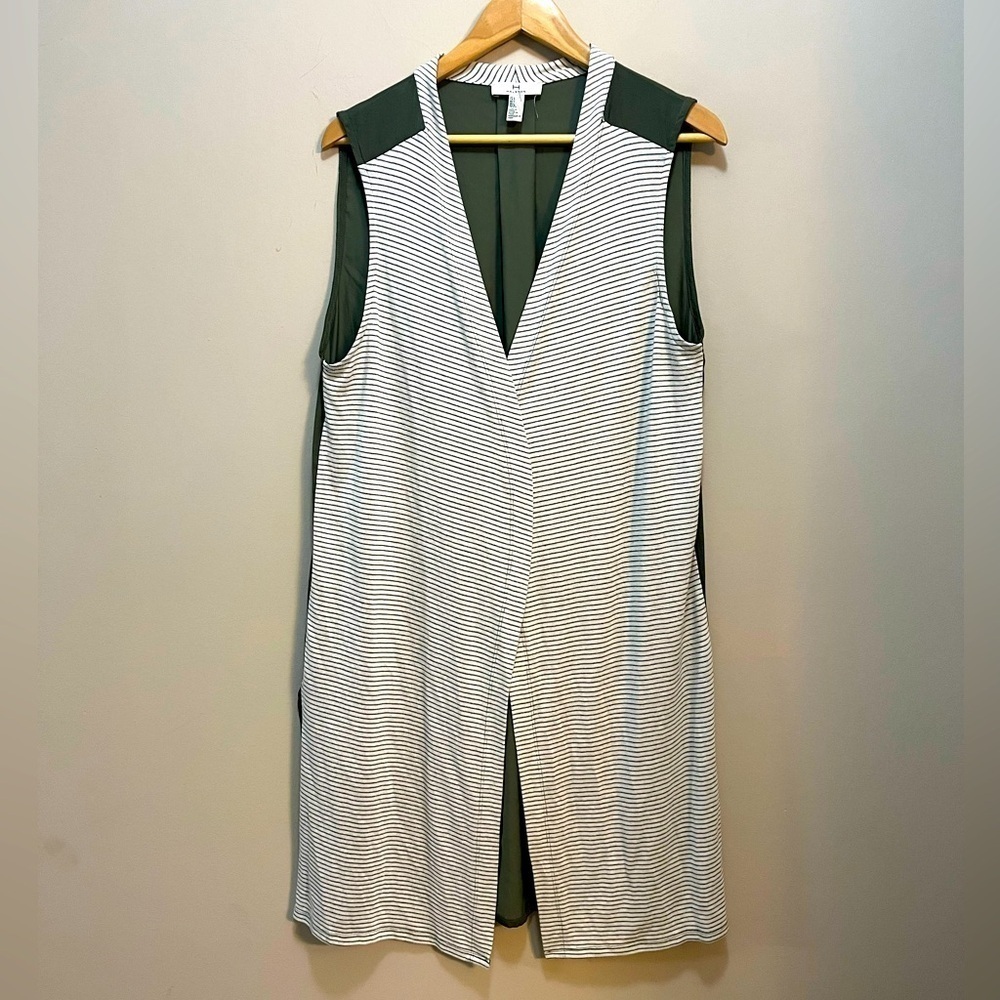 Halston Long Cardigan Sleeveless Open Front Knit Stripe & Green Duster Women L